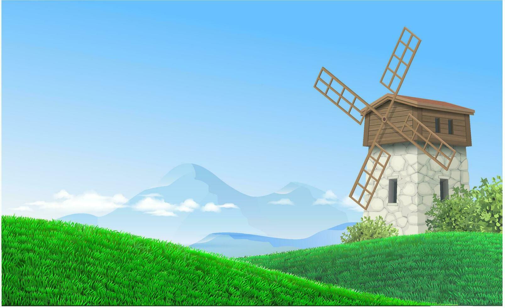 Landscape of vintage windmill and green hills vector