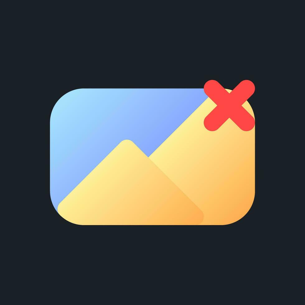 Remove photo file flat gradient fill ui icon for dark theme. Deleting picture. Image and cross mark. Pixel perfect color pictogram. GUI, UX design on black space. Vector isolated RGB illustration