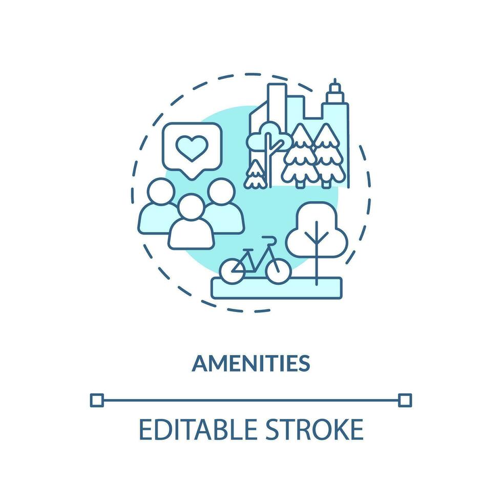 Amenities turquoise concept icon. Real estate. Housing cooperative. Residential community. Social interaction abstract idea thin line illustration. Isolated outline drawing. Editable stroke vector