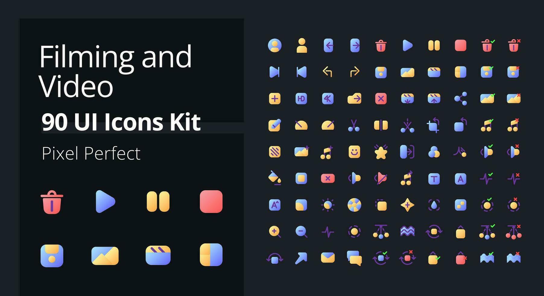 Video production flat gradient fill ui icons for dark mode. Filmmaking software. Movie editing. Motion picture. Pixel perfect color pictograms kit. GUI, UX design for web. Vector isolated RGB images