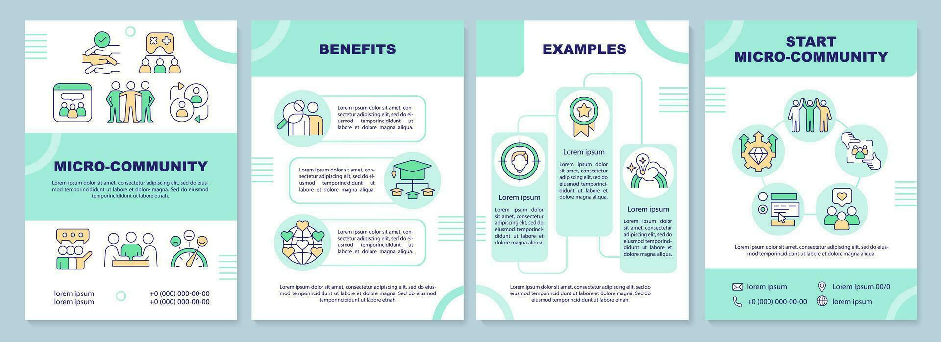 Micro community green brochure template. Social connection. Leaflet design with linear icons. Editable 4 vector layouts for presentation, annual reports