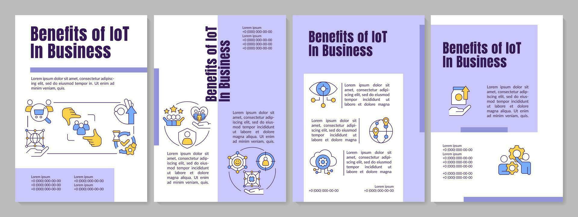 IoT advantages in business purple brochure template. Digital. Leaflet design with linear icons. Editable 4 vector layouts for presentation, annual reports