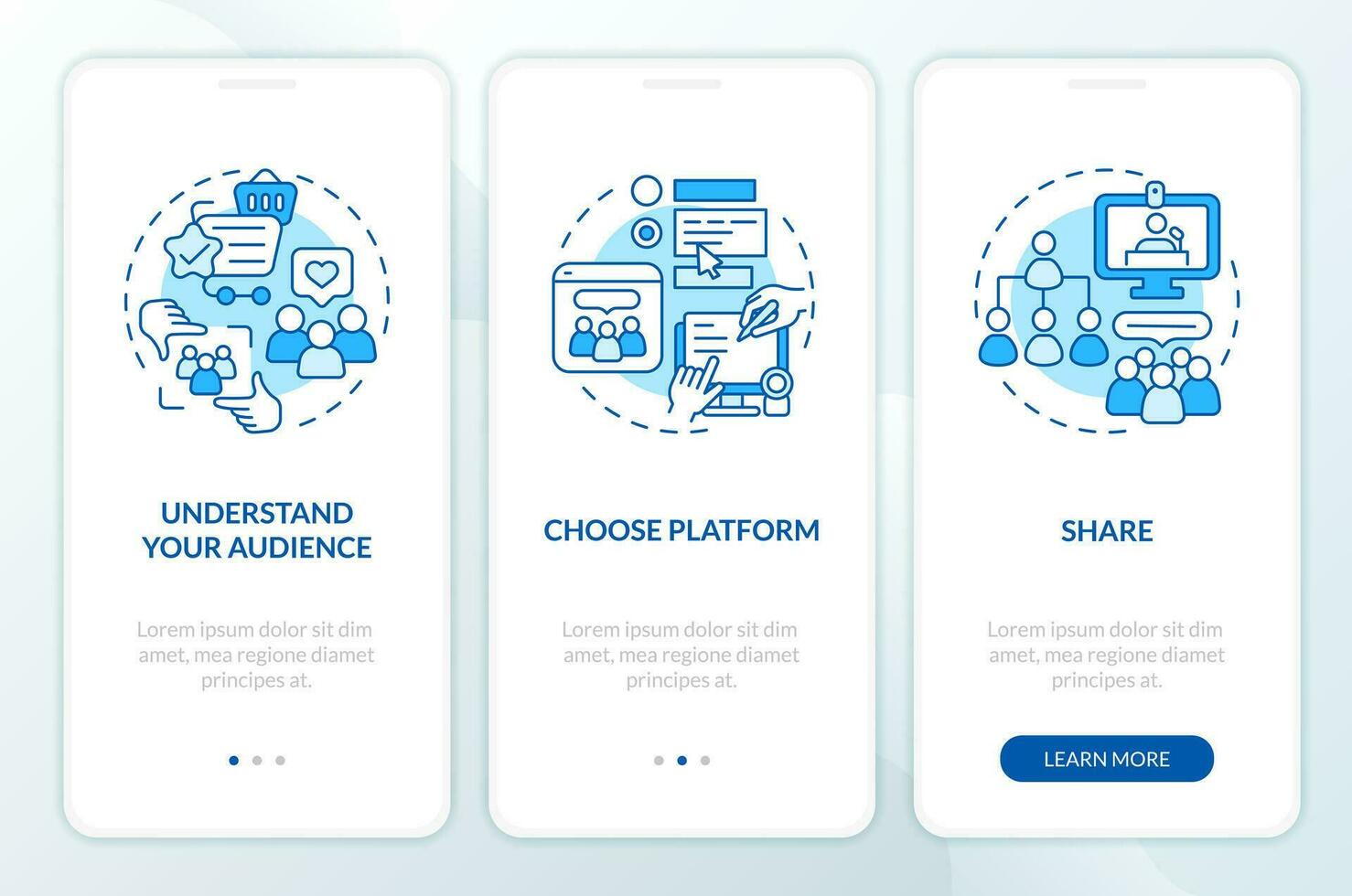 Create micro community for business blue onboarding mobile app screen. Walkthrough 3 steps editable graphic instructions with linear concepts. UI, UX, GUI templated vector