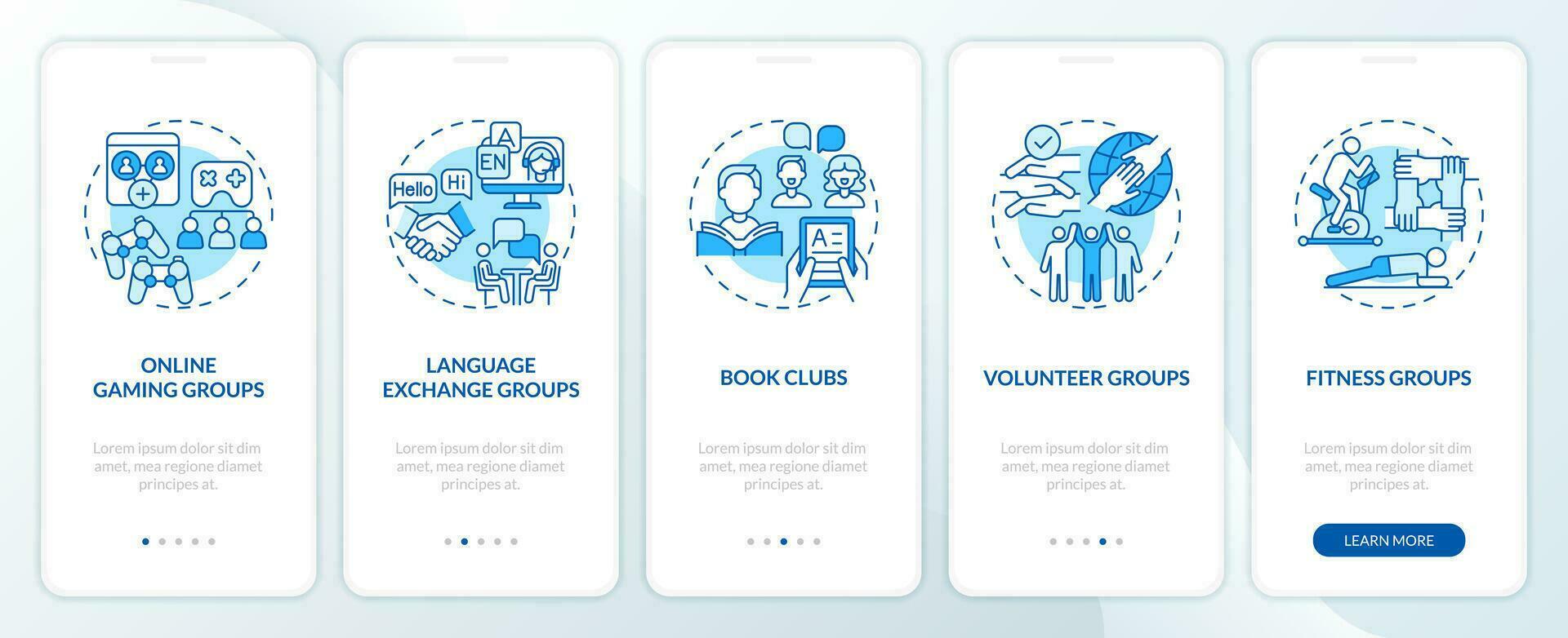 Micro communities blue onboarding mobile app screen. Social connection walkthrough 5 steps editable graphic instructions with linear concepts. UI, UX, GUI templated vector