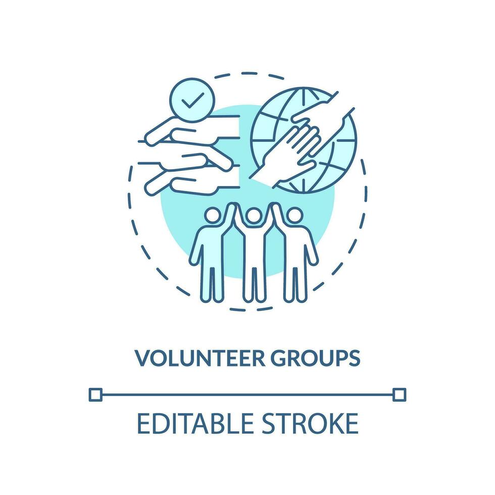 Volunteer groups turquoise concept icon. Community help. Non profit. Get involved. Common goal. Micro community abstract idea thin line illustration. Isolated outline drawing. Editable stroke vector