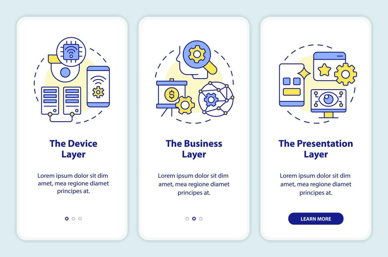 IoT applications layers onboarding mobile app screen. Digital tools walkthrough 3 steps editable graphic instructions with linear concepts. UI, UX, GUI templated vector