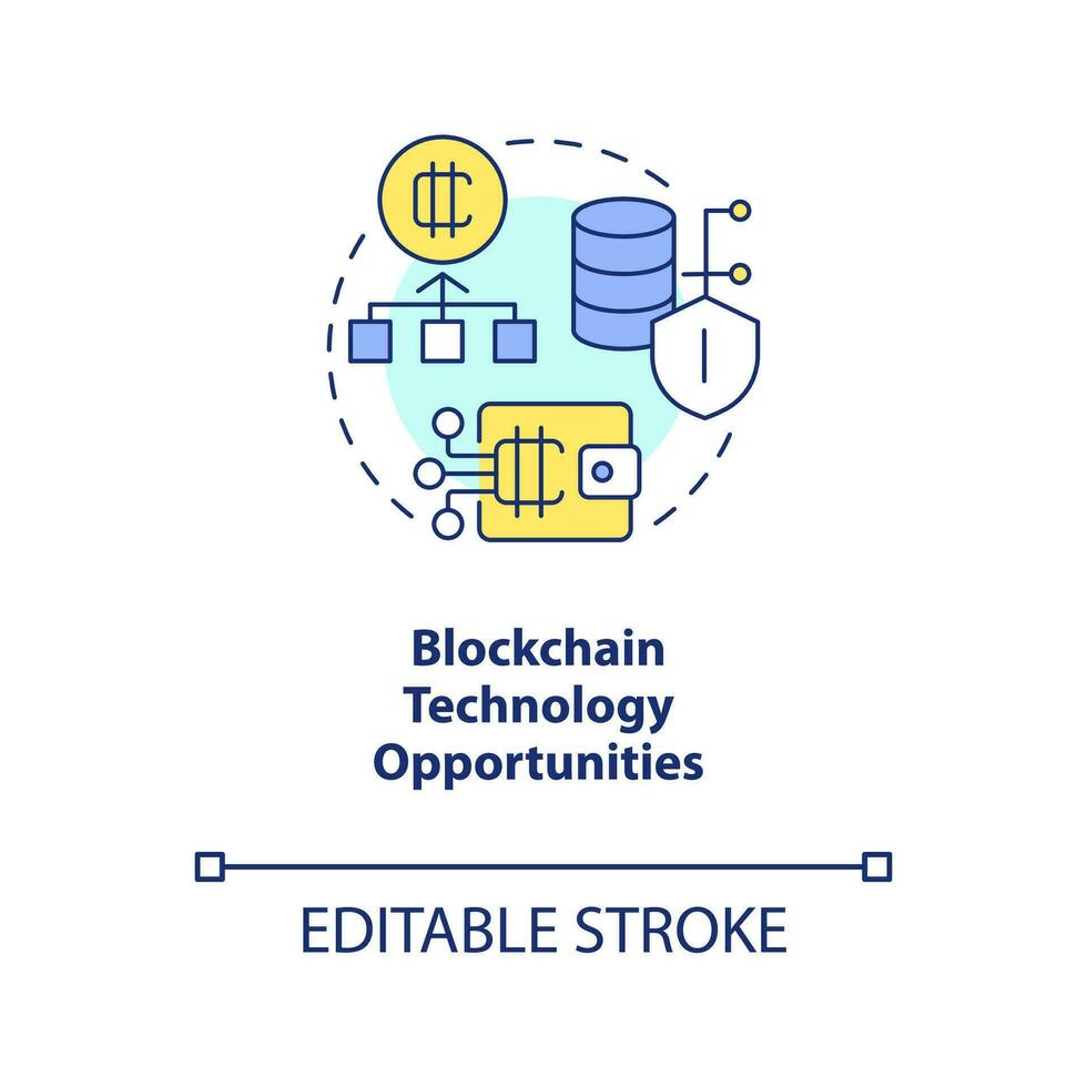 Blockchain technology opportunities concept icon. Financial safety. Cryptocurrency abstract idea thin line illustration. Isolated outline drawing. Editable stroke vector