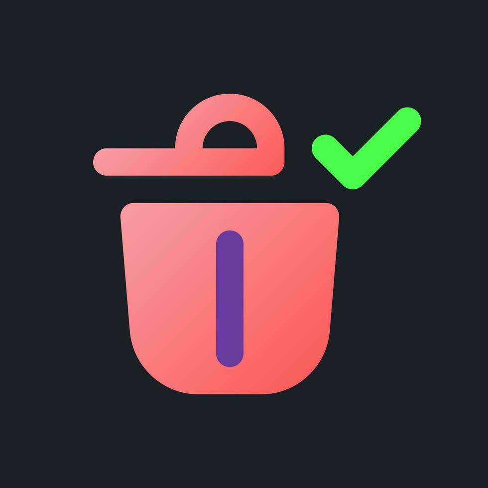 Successfully deleted flat gradient fill ui icon for dark theme. Removing confirm. Bin with check mark. Pixel perfect color pictogram. GUI, UX design on black space. Vector isolated RGB illustration