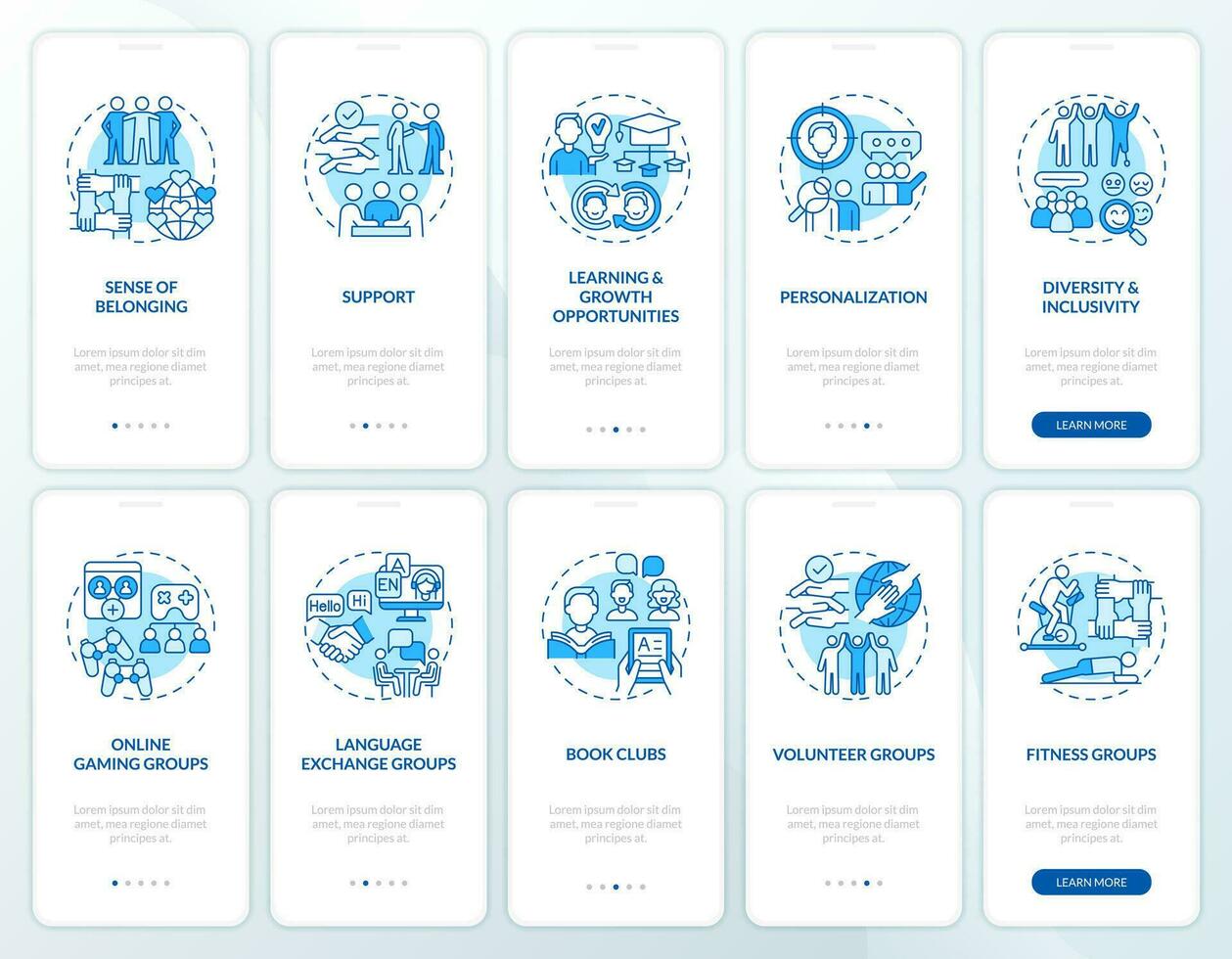 Micro community blue onboarding mobile app screen set. Social circle walkthrough 5 steps editable graphic instructions with linear concepts. UI, UX, GUI templated vector