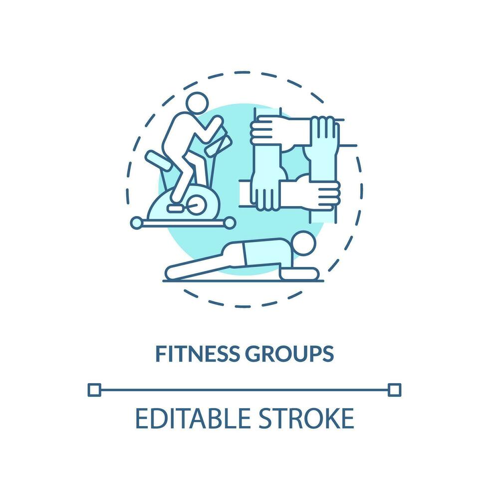 Fitness groups turquoise concept icon. Sport activity. Physical exercise. Training together. Community support abstract idea thin line illustration. Isolated outline drawing. Editable stroke vector