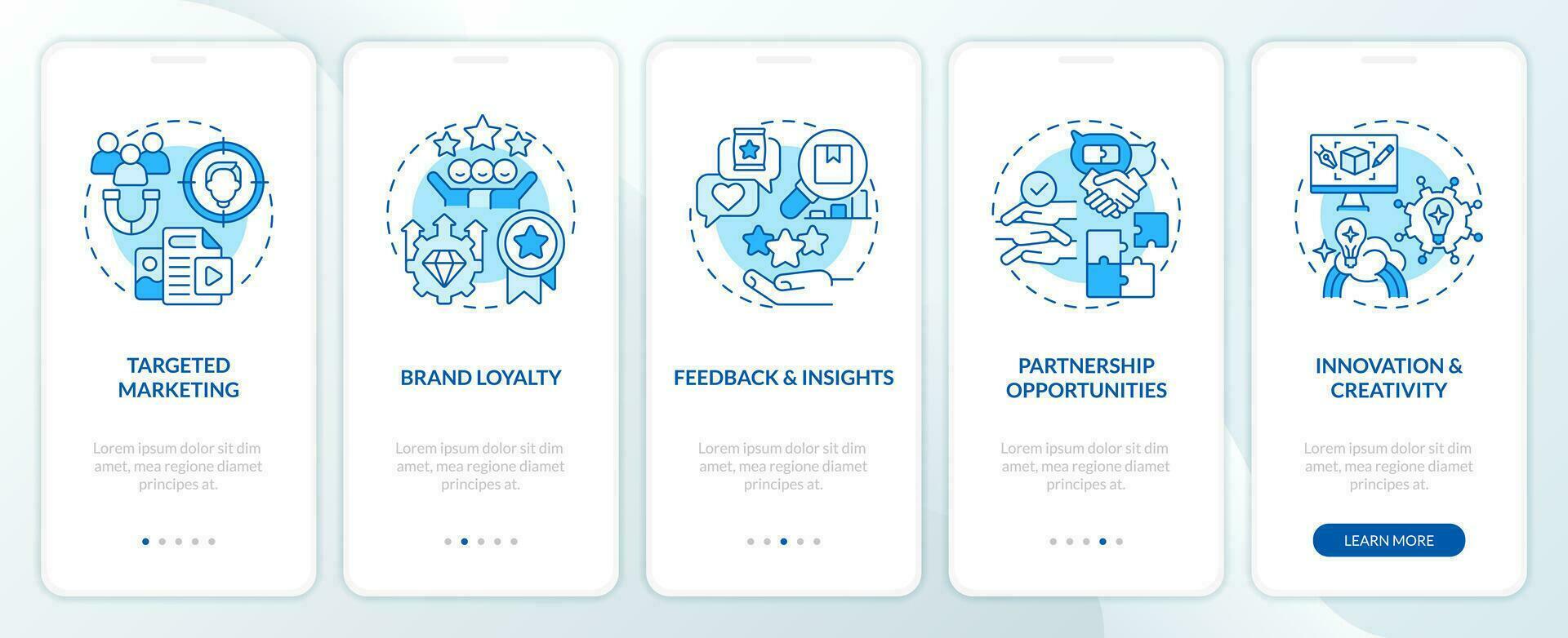 Micro community advantages for business blue onboarding mobile app screen. Walkthrough 5 steps editable graphic instructions with linear concepts. UI, UX templated vector