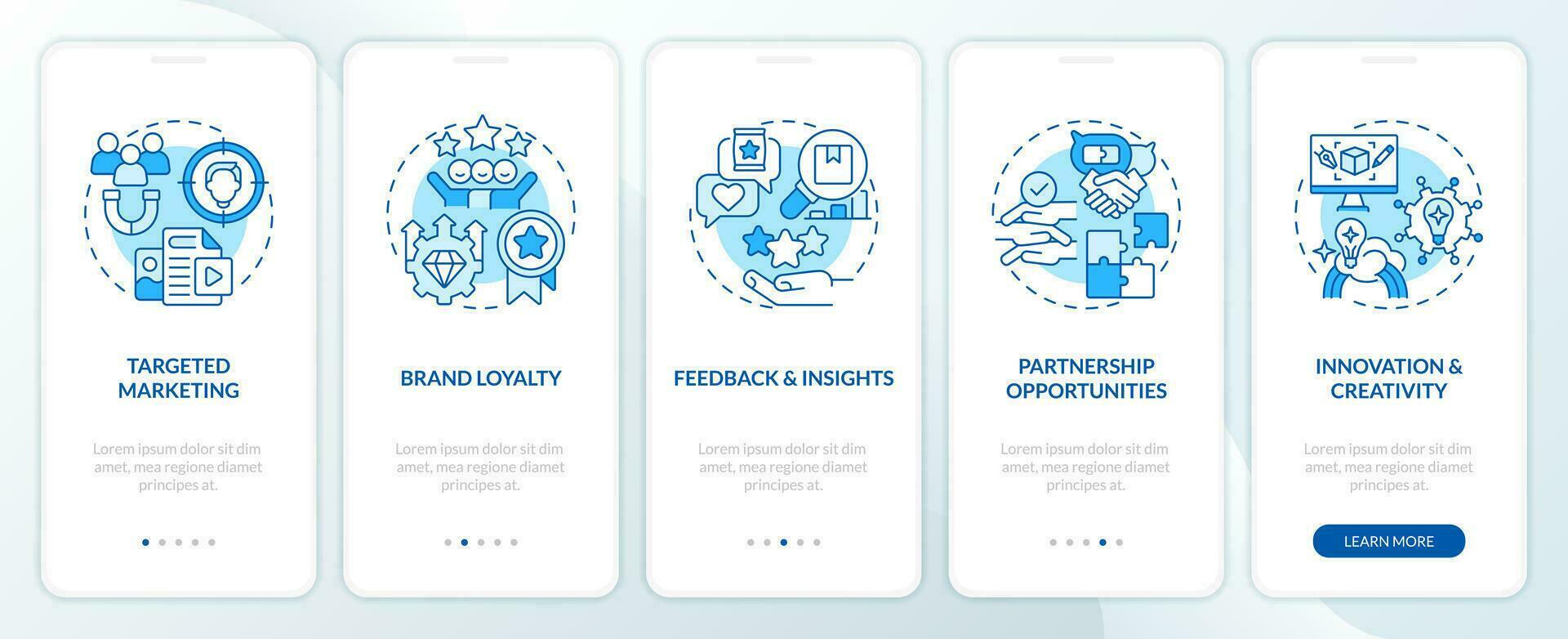 Micro community advantages for business blue onboarding mobile app screen. Walkthrough 5 steps editable graphic instructions with linear concepts. UI, UX templated vector