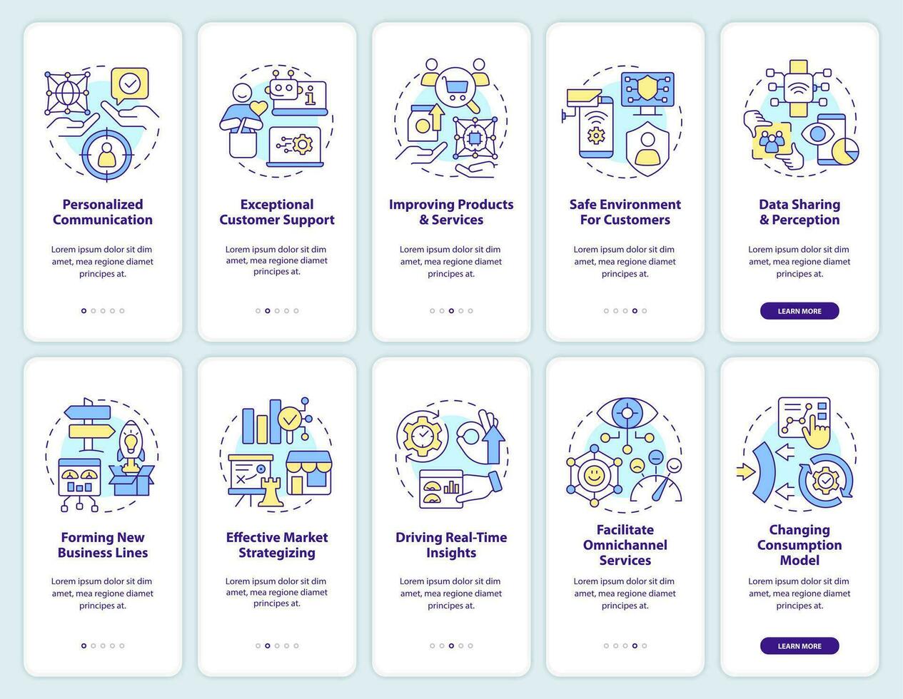 IoT in business onboarding mobile app screen set. Digital benefits walkthrough 5 steps editable graphic instructions with linear concepts. UI, UX, GUI templated vector