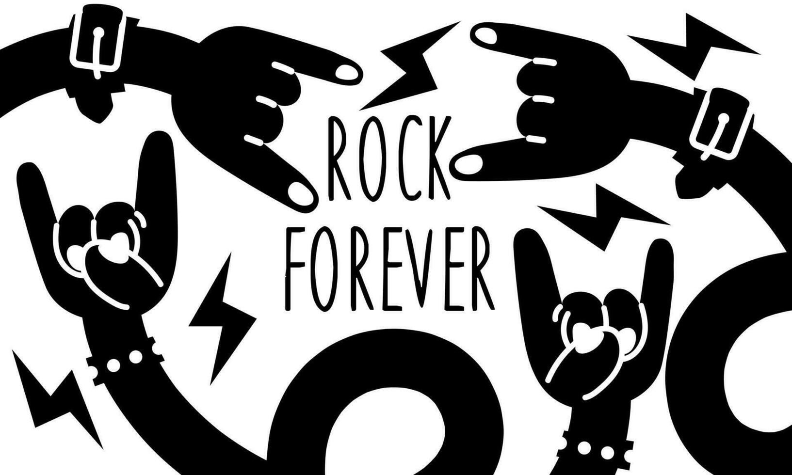 A hand-drawn rock festival banner. A lot of hands with the Rock sign and the inscription Rock forever. Rock hands with zippers and kitchen studded bracelets. Print for concerts vector