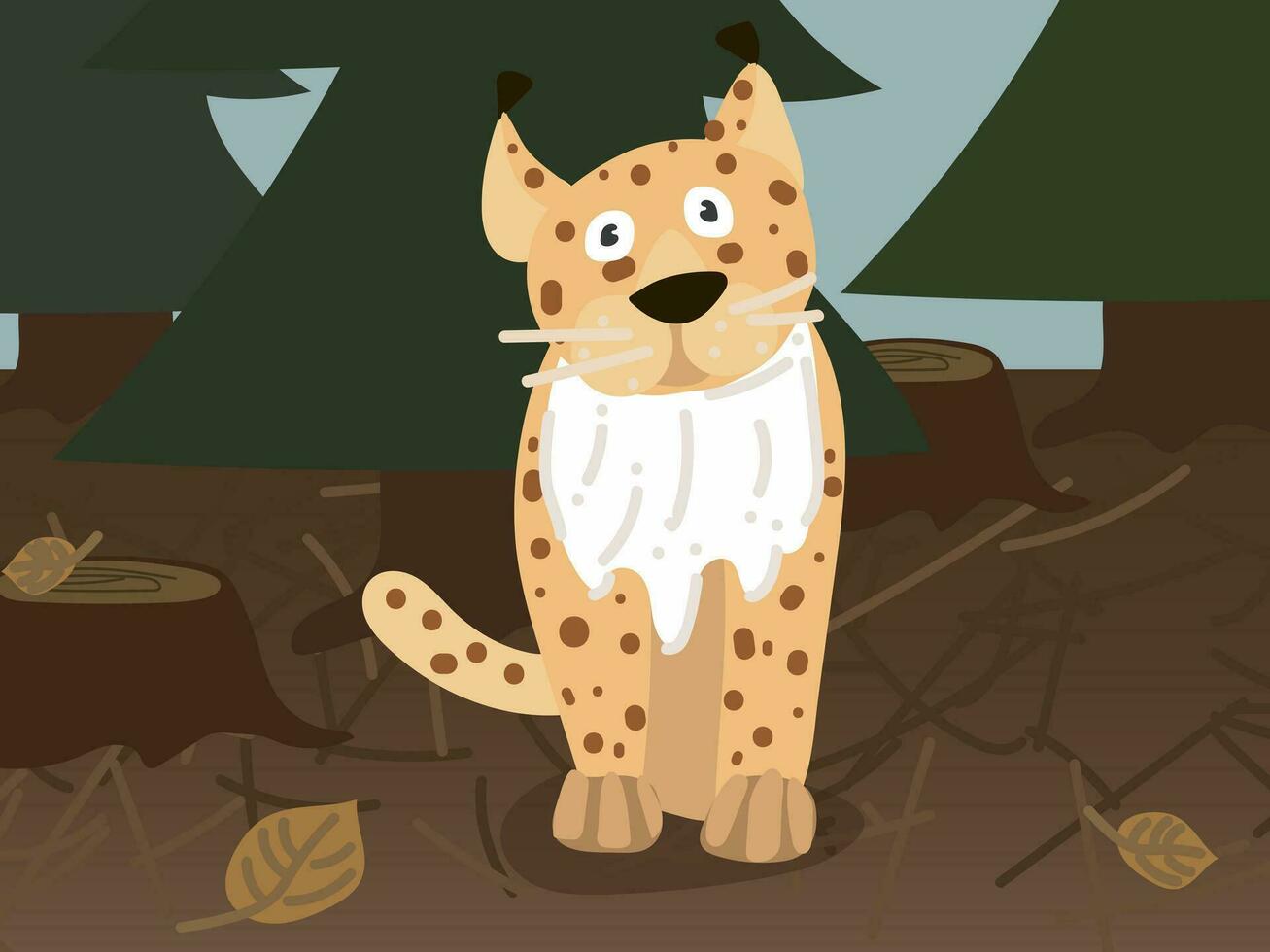 Illustration of a cartoon lynx in the forest. Forest world with a cheerful spotted lynx. Lynx in the usual habitat. Children's illustration, printing for children's books vector