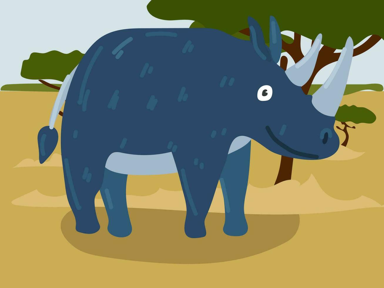 Illustration of a cartoon rhinoceros in the safari, desert. Savannah with a funny big rhinoceros. A rhinoceros in its usual place of residence. Children's illustration, printing for children's books vector