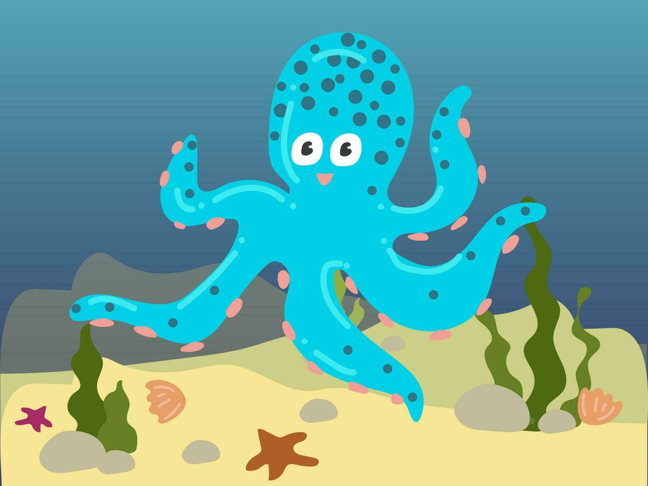 Illustration of a cartoon octopus under water. Underwater world with a funny octopus. An octopus in its usual habitat. Children's illustration, printing for children's books vector