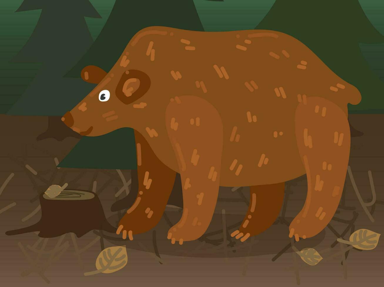 Illustration of a cartoon bear in the forest. Forest world with a cheerful big bear. The bear is in its usual habitat. Children's illustration, printing for children's books vector