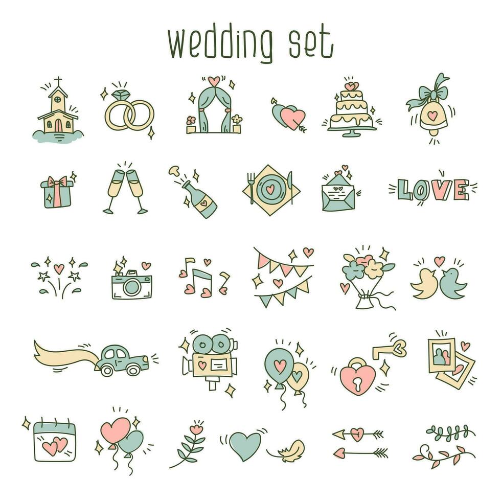 A large set of sketches of wedding icons with a background color. A minimalistic set of thin linear icons made by hand. Vector colored wedding elements on a white. Timing for printing on invitations