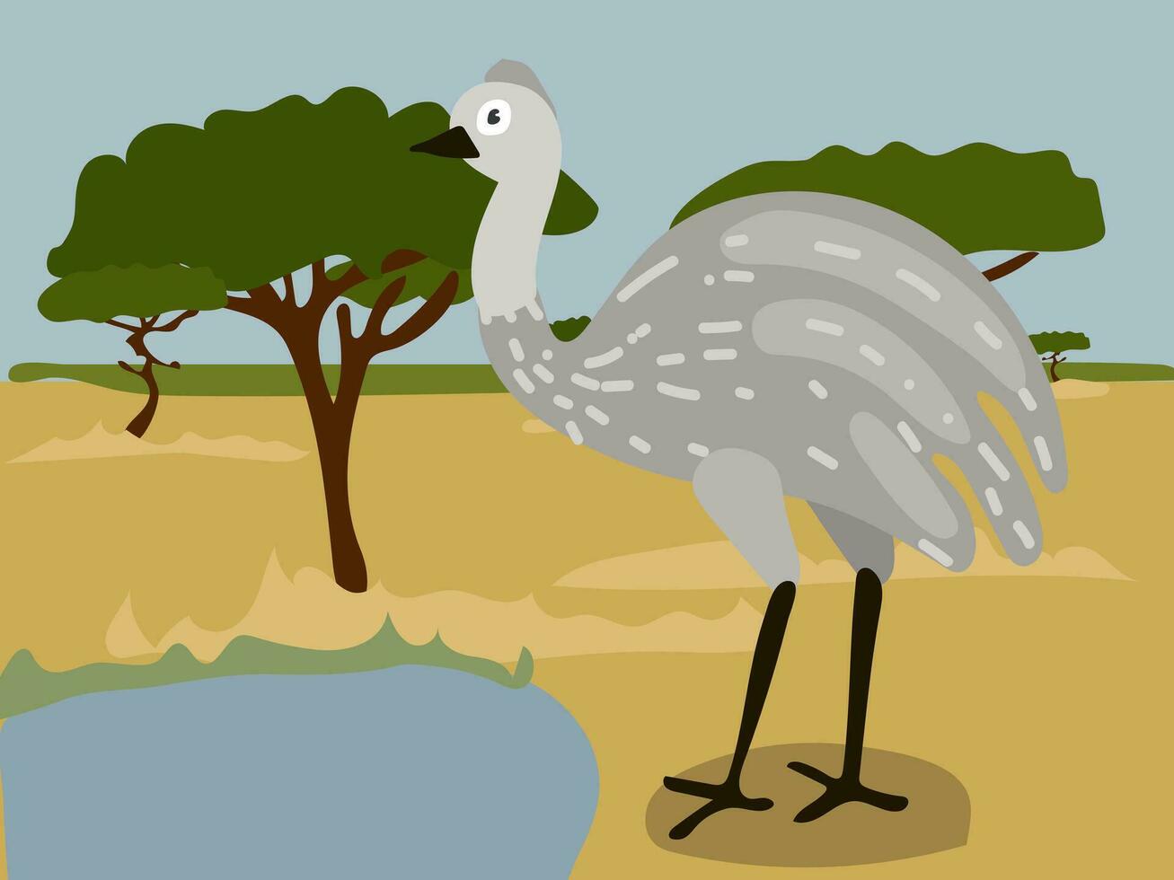 Illustration of cartoon ostrich emu in the safari, desert. Savannah with a funny ostrich. Emu is near the watering hole. Children's illustration, printing for children's books vector