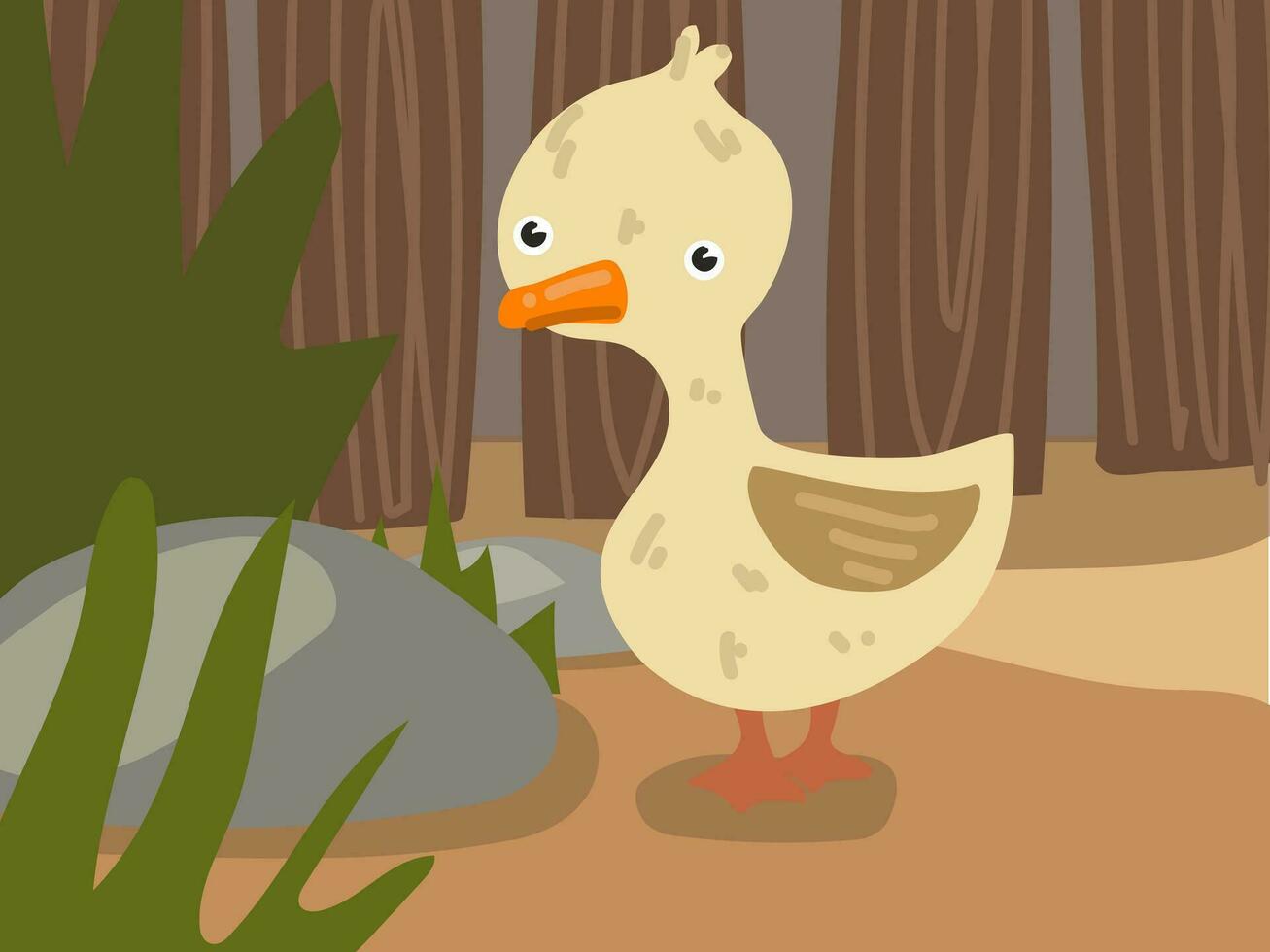 Illustration of a cartoon duck near a fence in a household. A household with a funny duck. A duck in its usual home. Children's illustration, printing for children's books vector