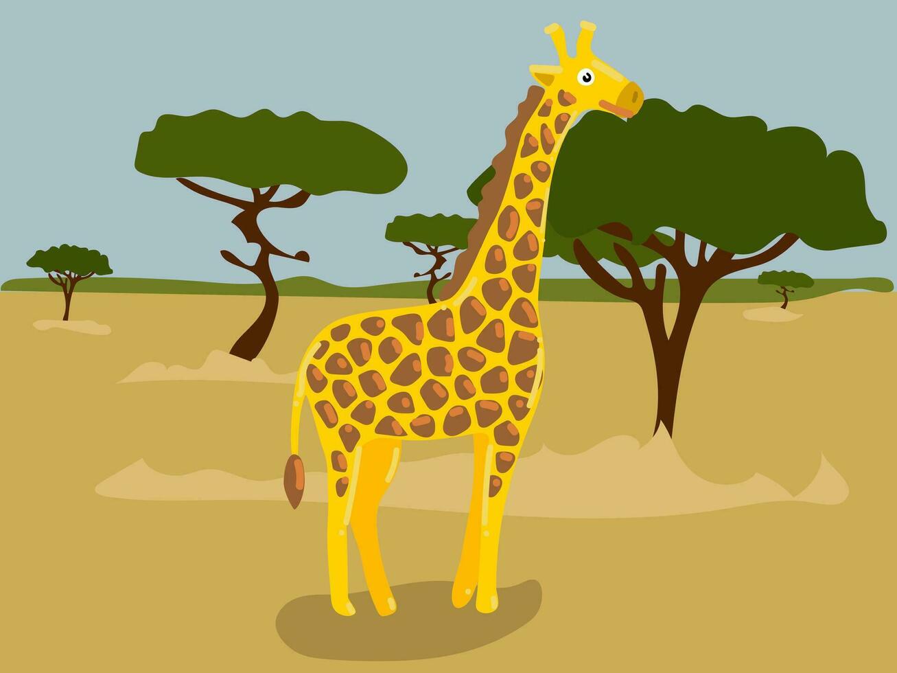 Illustration of a cartoon giraffe in the safari, desert. Savannah with a funny giraffe. Giraffe in his usual place of residence. Children's illustration, printing for children's books vector