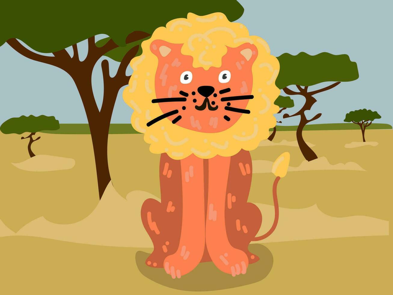 Illustration of a cartoon lion in the safari, desert. Savannah with a funny lion. The king of animals in his usual place of residence. Children's illustration, printing for children's books vector