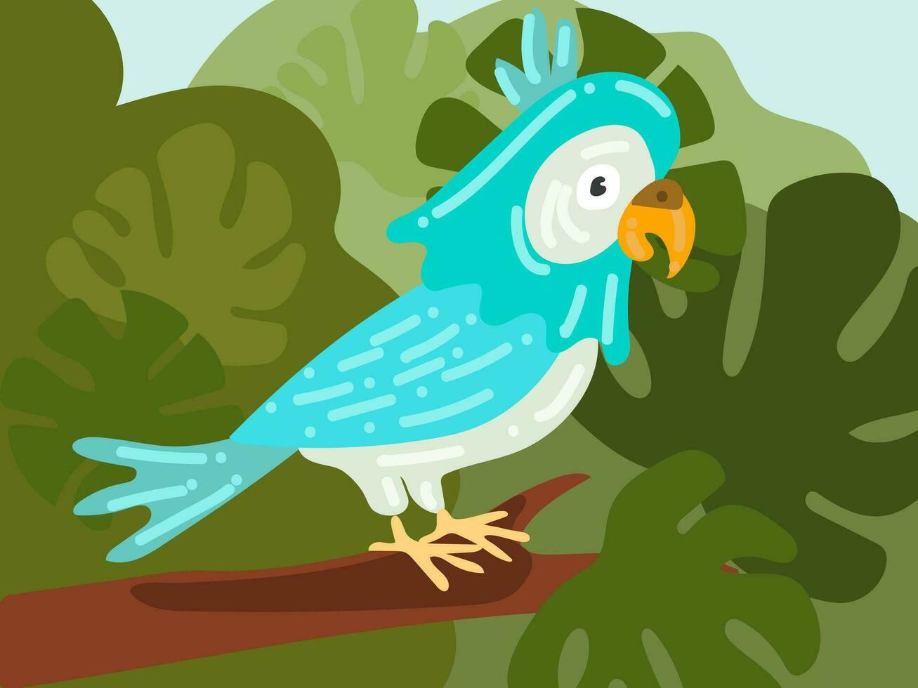 Illustration of a cartoon parrot in the rainforest. A tropical world with a blue parrot. A bird in its usual habitat. Children's illustration, printing for children's books vector