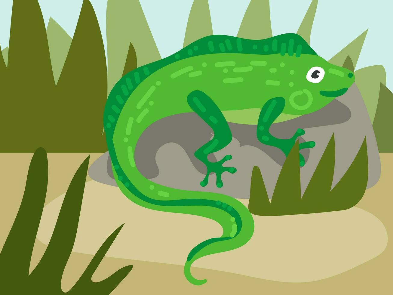 Illustration of a cartoon iguana in the grass on a stone. An illustration with a funny iguana. A green lizard at its usual place of residence. Children's illustration, printing for children's books vector