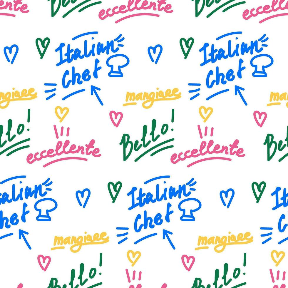 A pattern with inscriptions of admiration in Italian from an Italian chef. The name of the dishes and the joy of tasting them. Modern bright style. Packaging vector