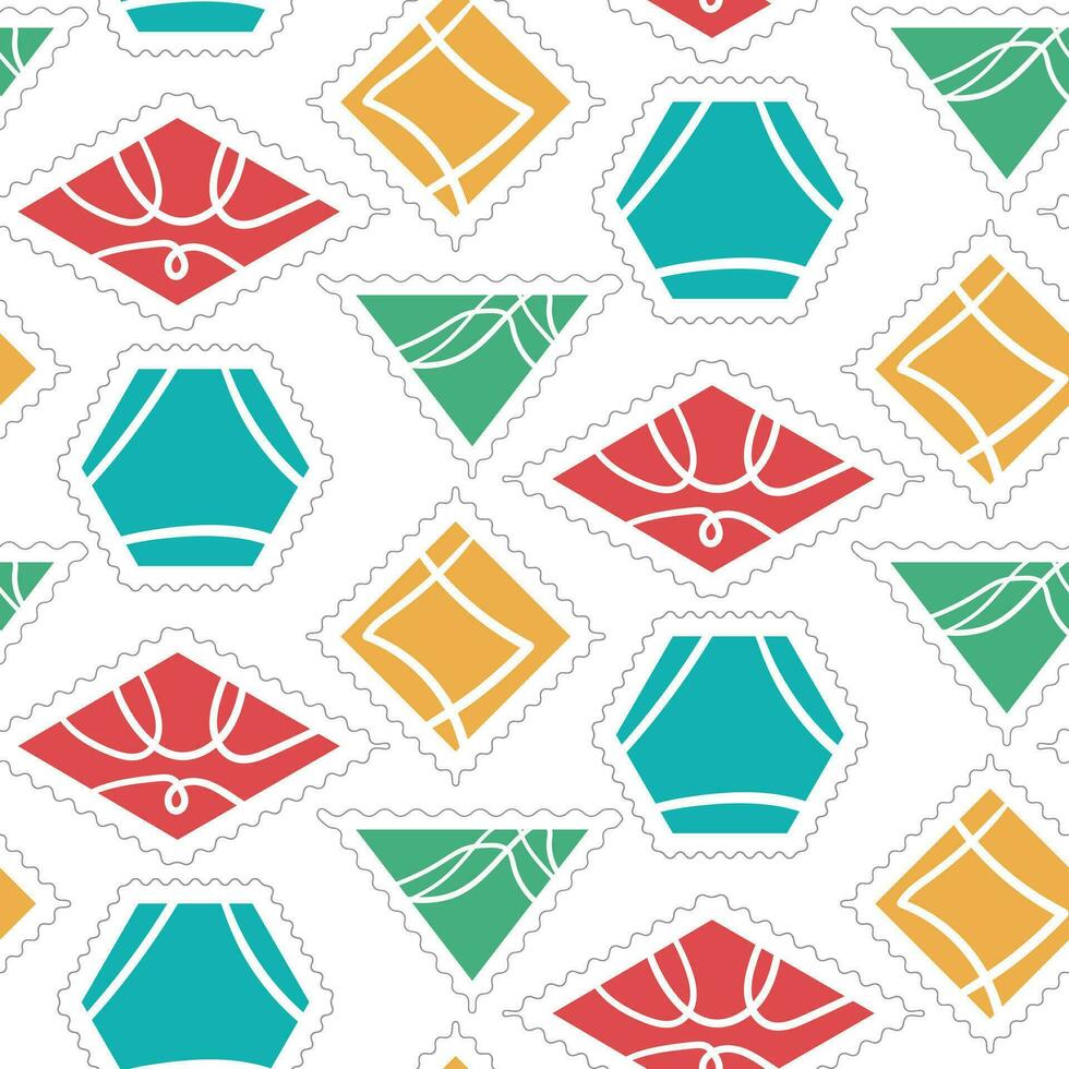 Seamless background for mailing lists with bright abstractions. Vector seamless pattern with postage stamps of various shapes. Can be used as wallpaper or wrapping paper