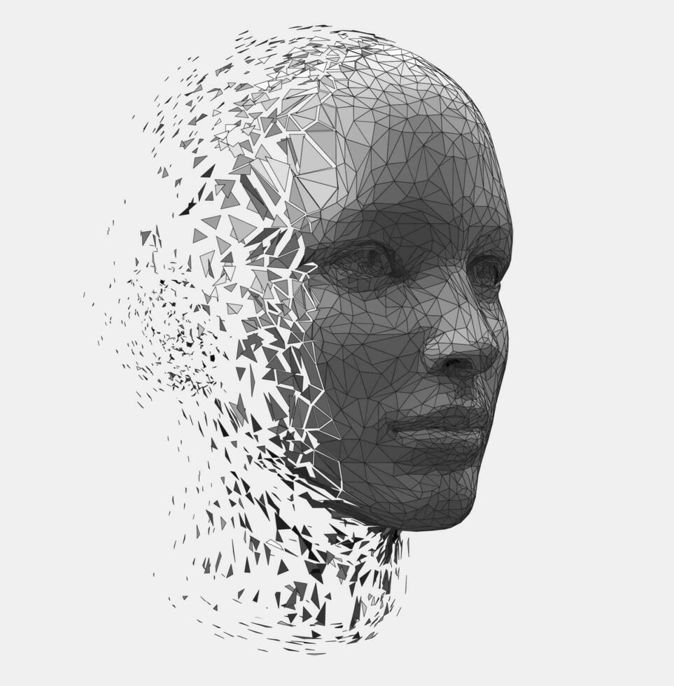 Vector polygonal illustration of a humanoid robot head disintegrate. Artificial intelligence taking human form. Human form disintegrating