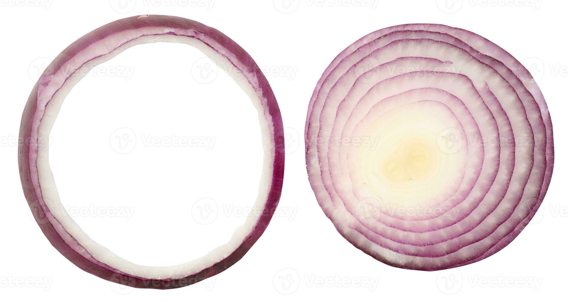 Sliced red onion rings, vegetable isolated on white background, set photo