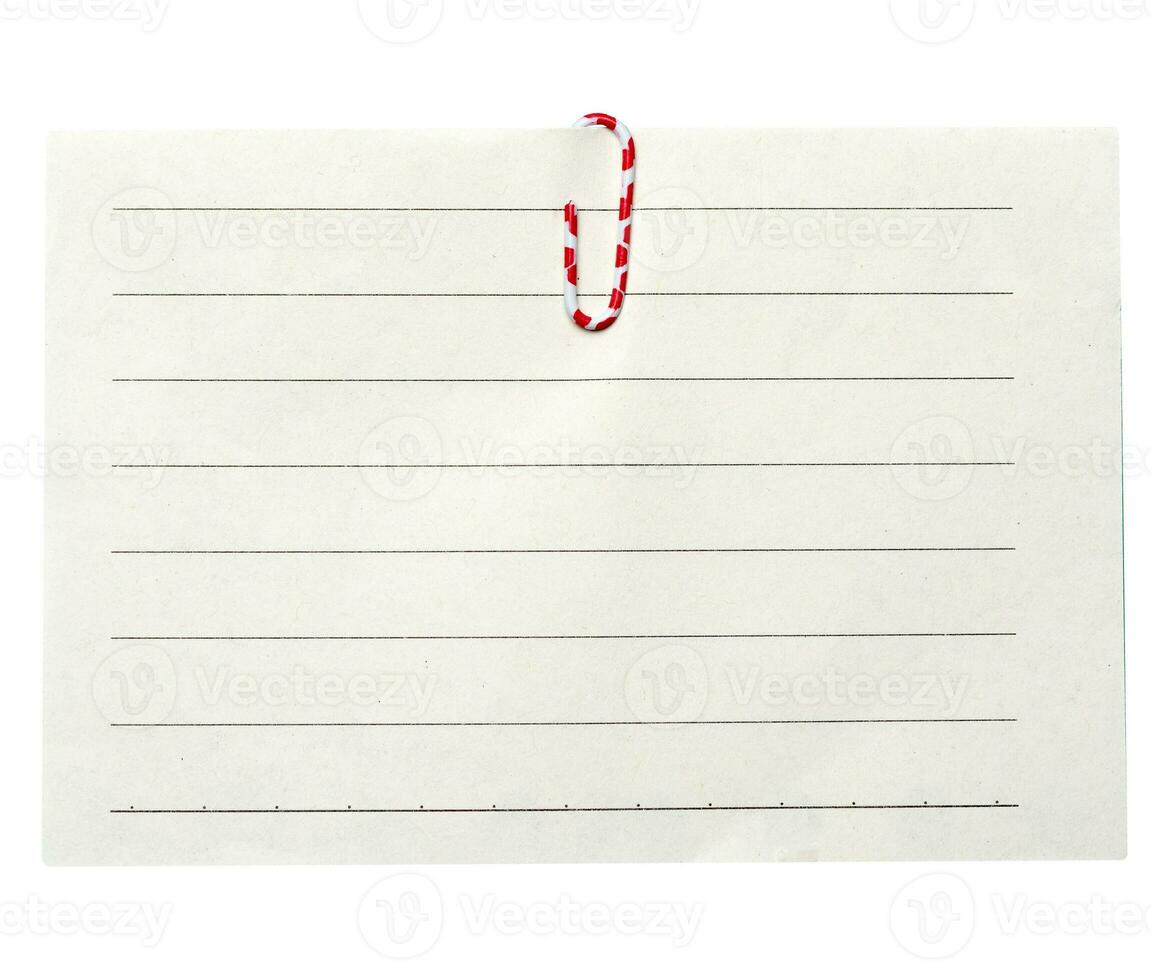 Piece of white paper in a line and a red paper clip on a white background photo