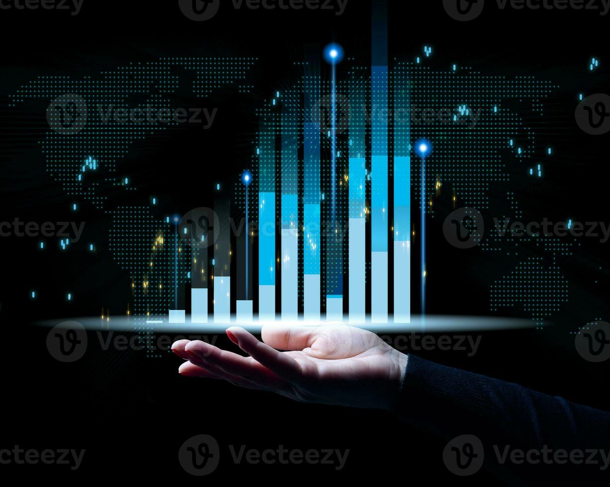 Holographic graph with growing indicators and a woman's hand. Business growth concept, profitable startup, profitable business strategy, sales increase. High performance photo
