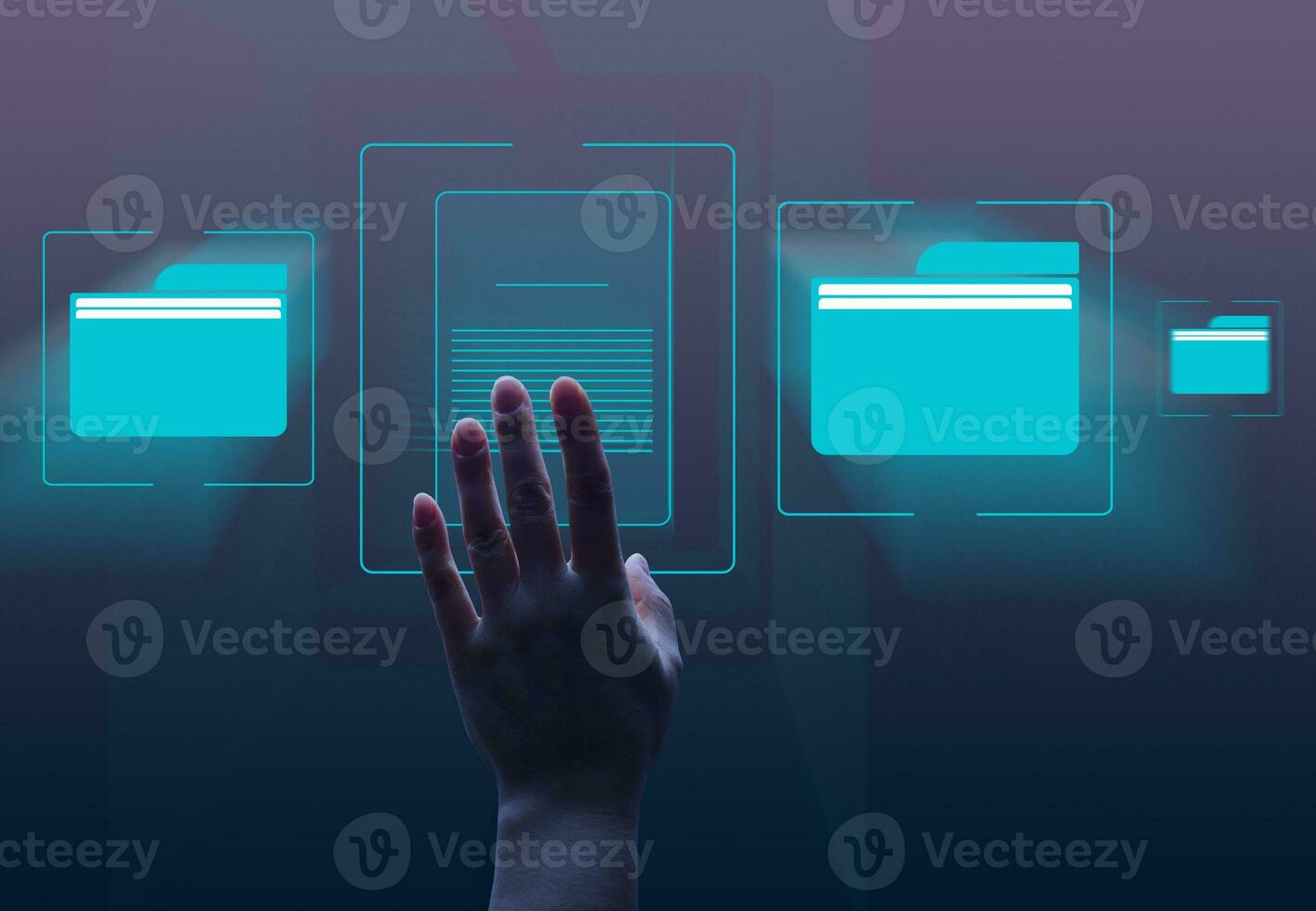 A female hand and virtual icons of folders and files, a concept of data organization and archiving, remote data management, paperless photo