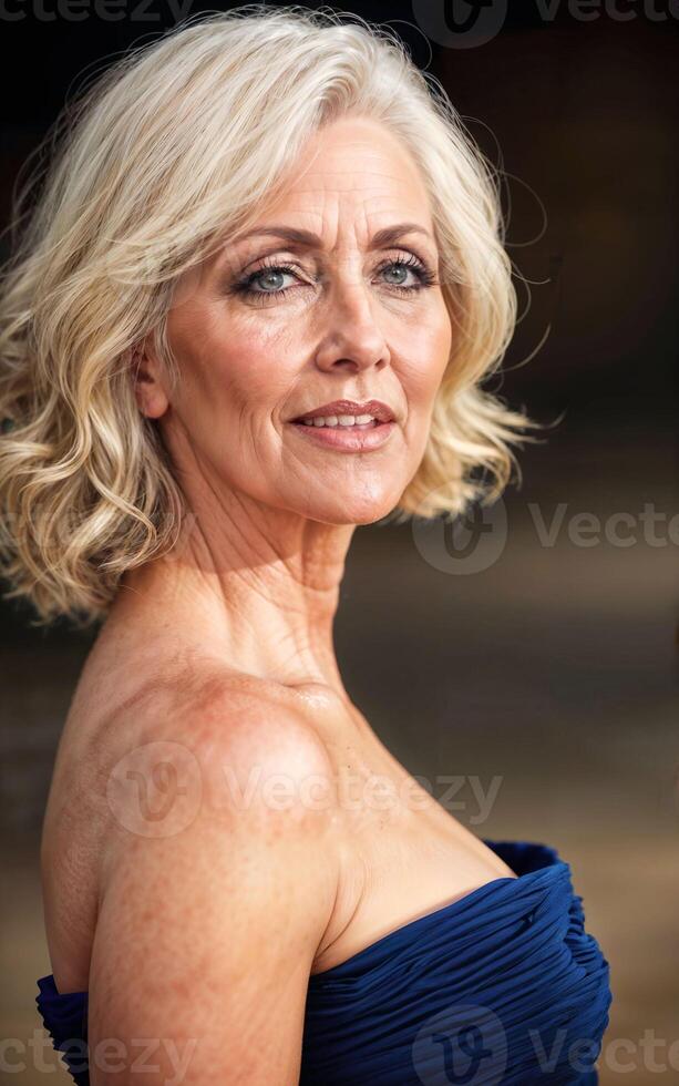photo of white middle aged old lady american woman in dress at the sand beach,