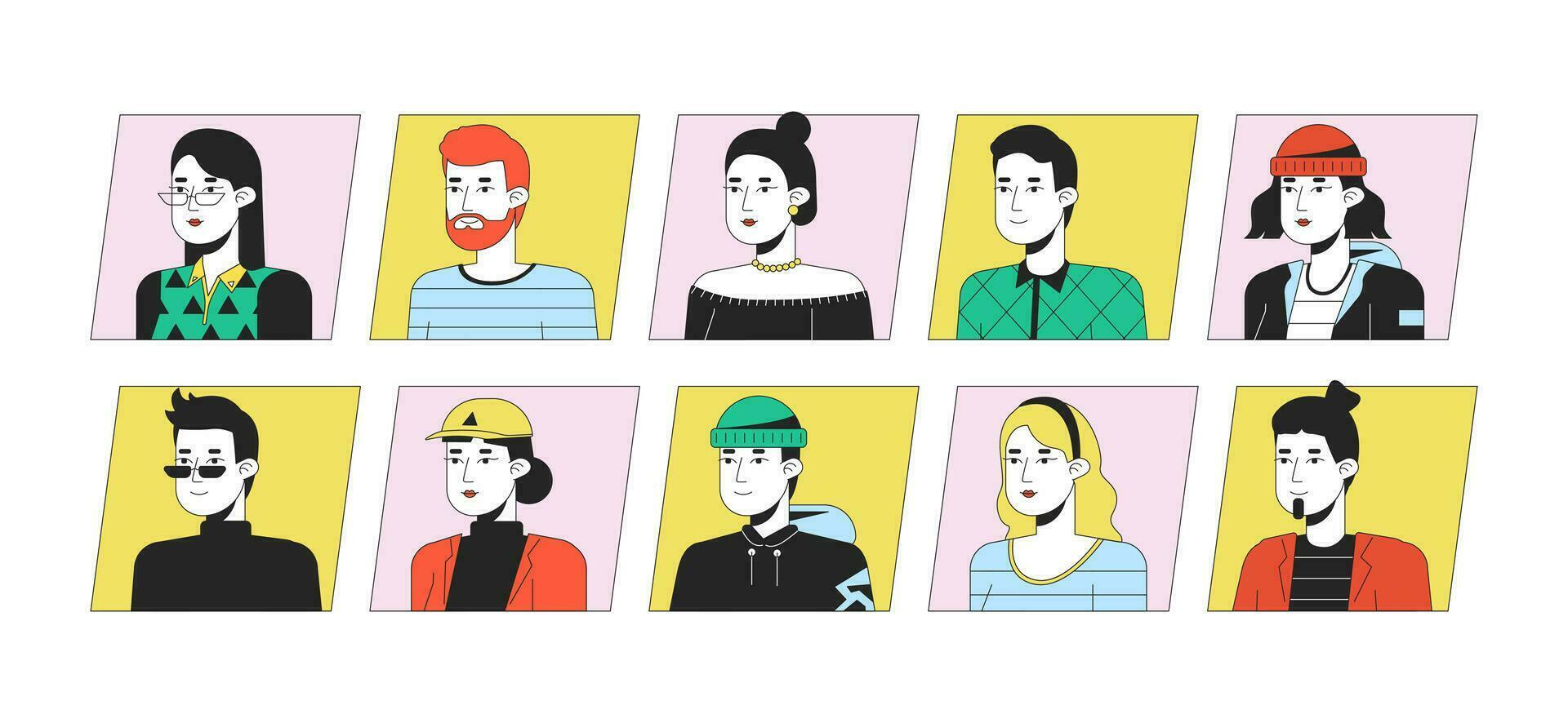 Young caucasian people flat color cartoon avatar icons bundle. Editable 2D user portraits linear illustrations. Isolated vector face profile cliparts. Userpic collection, people head and shoulders