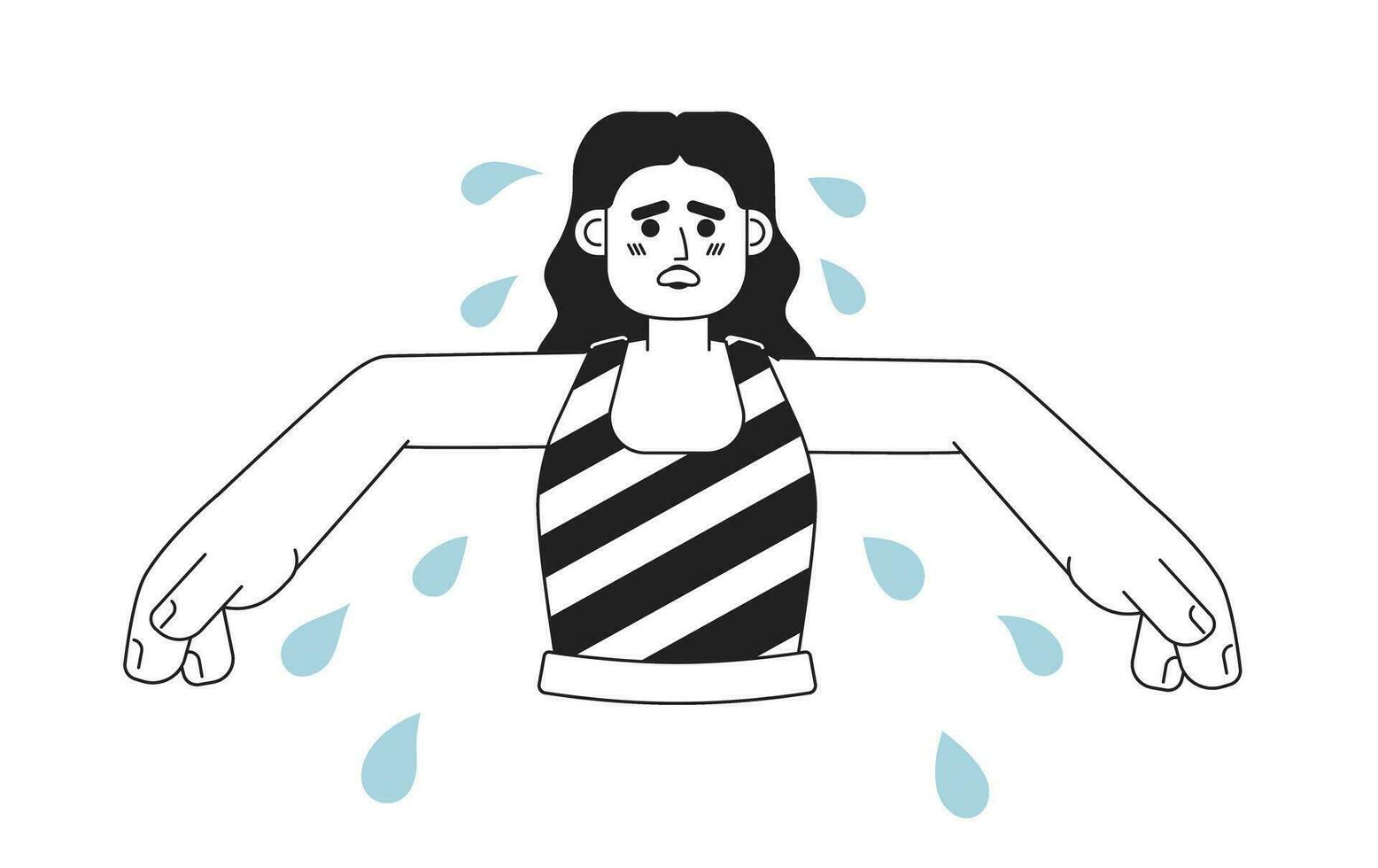 Arabic woman with sweaty armpits monochromatic flat vector character. Sweating girl feels discomfort. Editable thin line half body person on white. Simple bw cartoon spot image for web graphic design