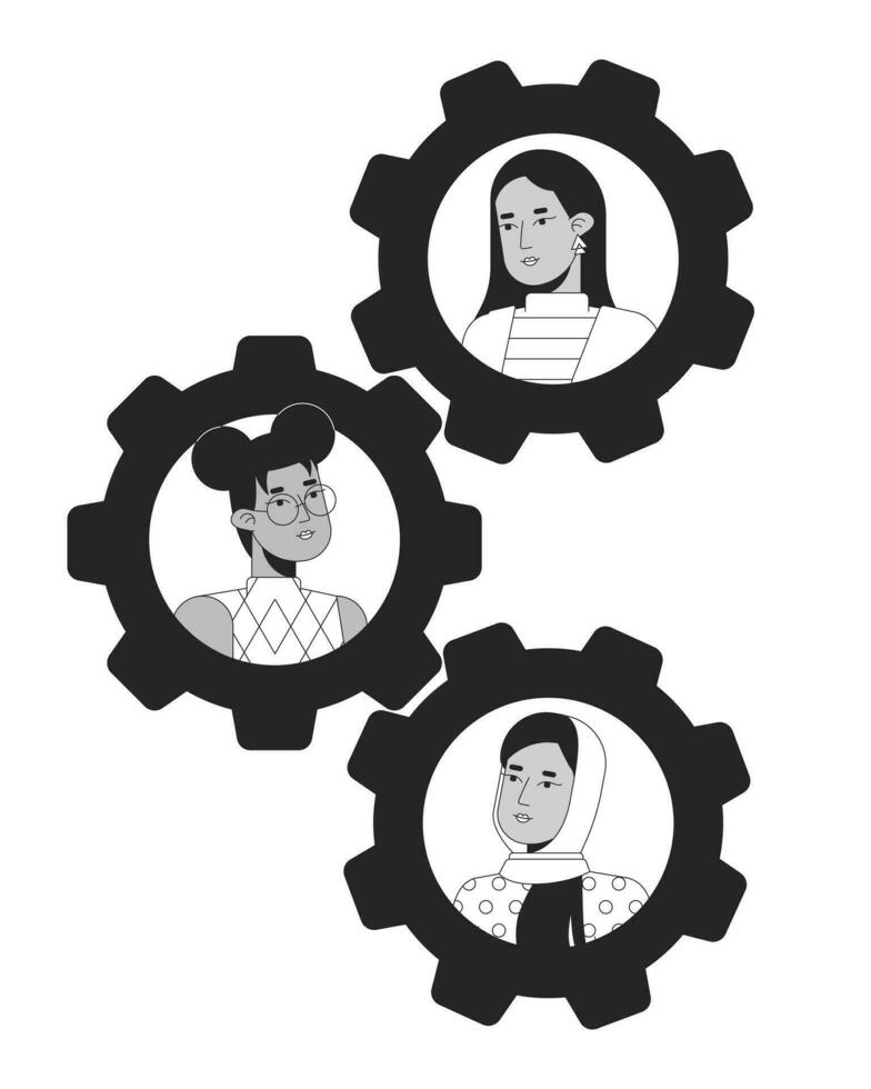 Teamwork gears bw concept vector spot illustration. Women business diverse 2D cartoon flat line monochromatic characters for web UI design. Collaboration cogwheels editable isolated outline hero image