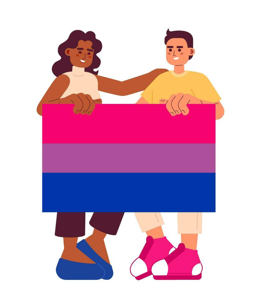 Attractive people with bisexual pride flag semi flat color vector characters. LGBT community. Editable full body people share support on white. Simple cartoon spot illustration for web graphic design