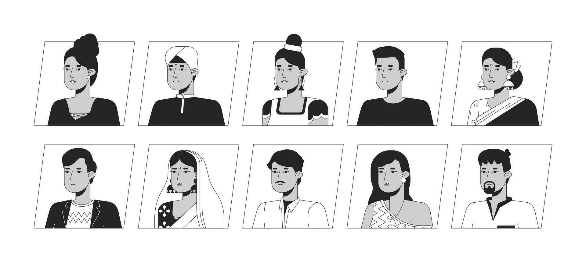 bonito indio personas negro blanco dibujos animados avatar íconos manojo. editable 2d usuario retratos lineal ilustraciones. aislado vector cara perfil imágenes prediseñadas userpic recopilación, personas cabeza y espalda