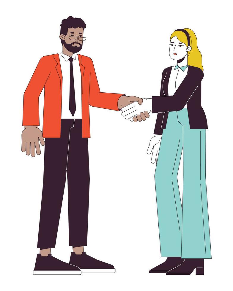 Networking businesspeople flat line vector spot illustration. Hands shaking diversity 2D cartoon outline characters on white for web UI design. Negotiating handshake editable isolated color hero image