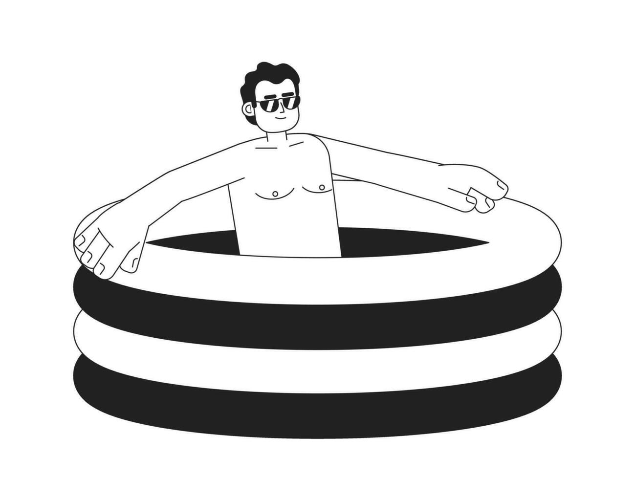 Latino sunglasses man in inflatable swimming pool monochromatic flat vector character. Guy in pool. Editable thin line full body person on white. Simple bw cartoon spot image for web graphic design