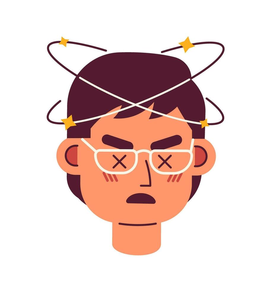 Asian eyeglasses man feeling dizzy semi flat vector character head. Japanese male with vertigo. Editable cartoon avatar icon. Face emotion. Colorful spot illustration for web graphic design, animation