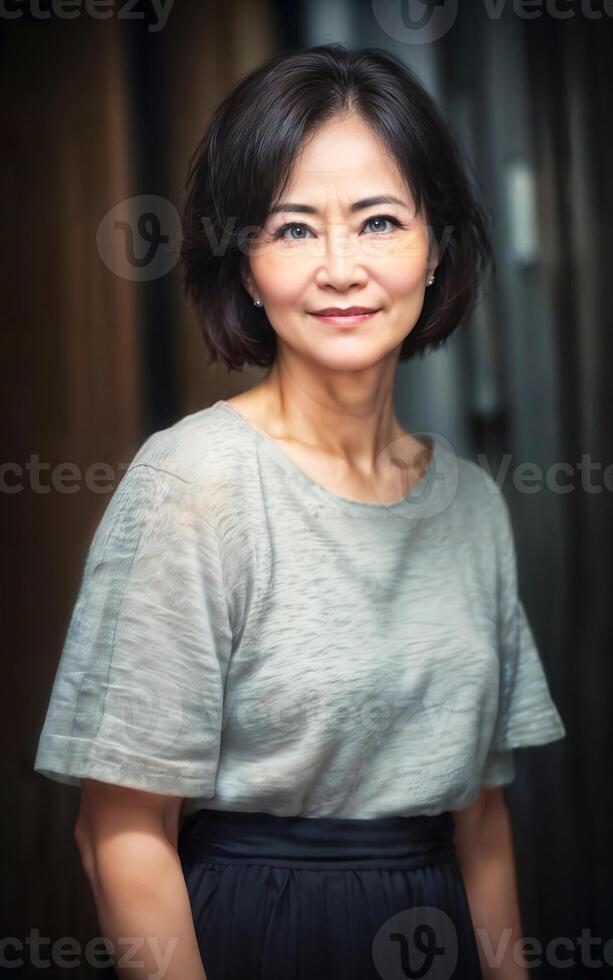 happy pretty middle aged old asian woman at the street, photo