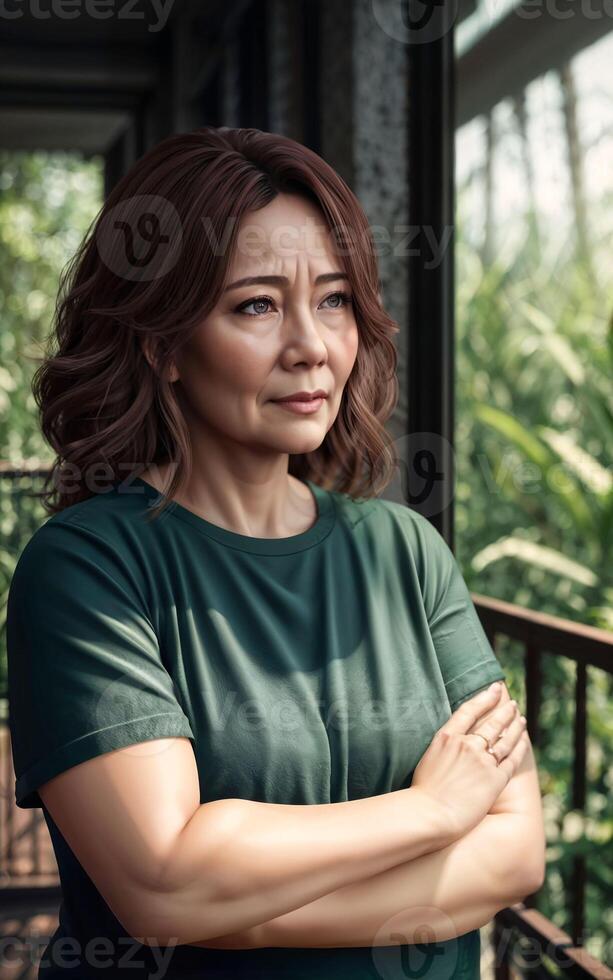 beautiful middle aged old lady woman at house with fresh green plant in background, photo