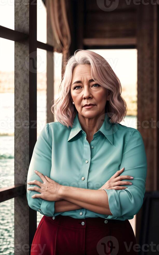 beautiful middle aged old lady woman at house with fresh green plant in background, photo