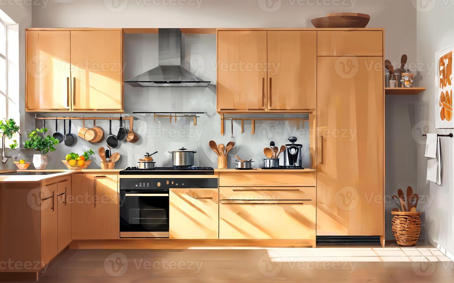 illustration digital painting drawing of modern minimal kitchen room, photo