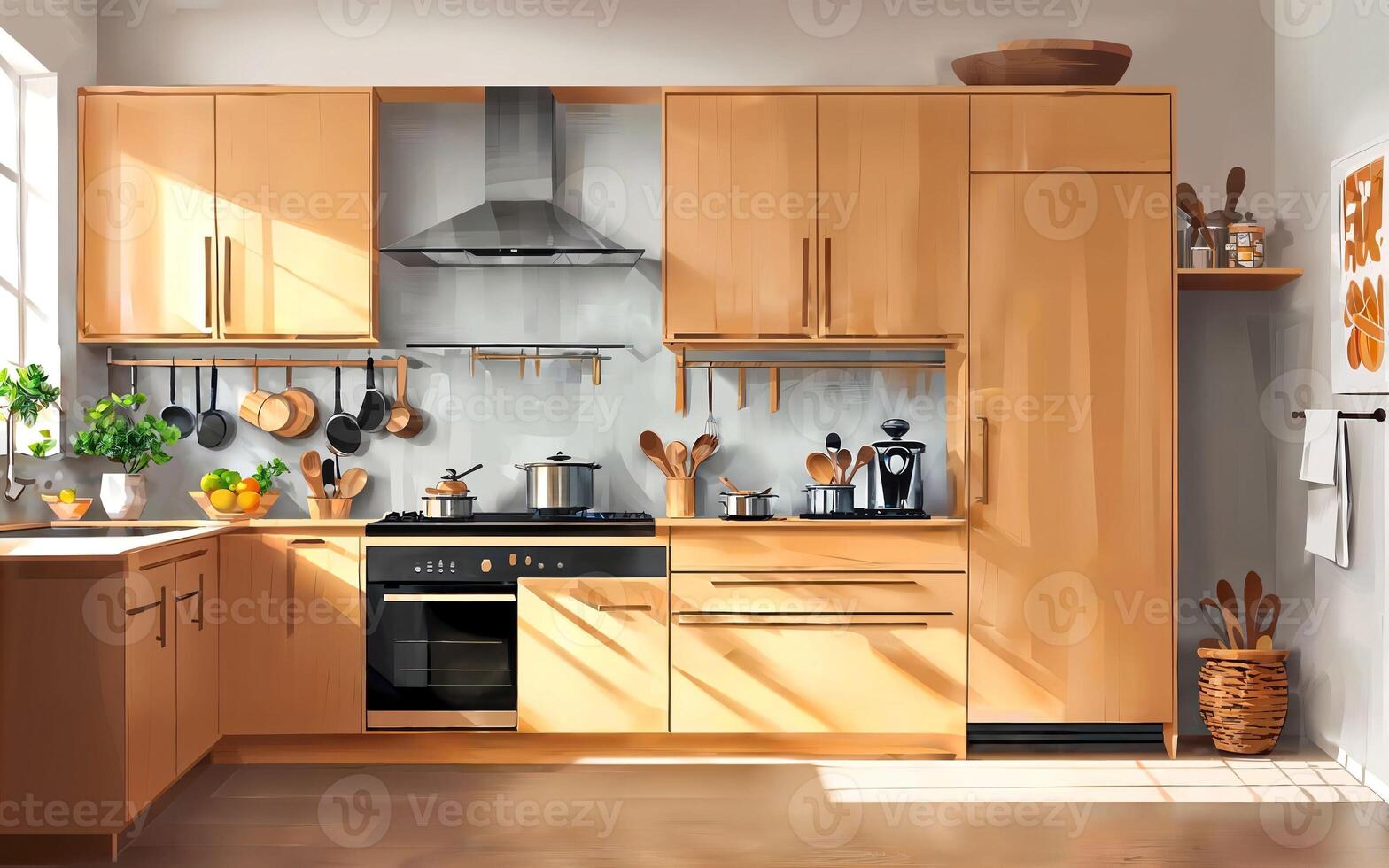 illustration digital painting drawing of modern minimal kitchen room, generative AI photo